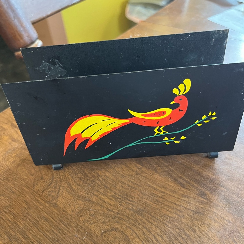 Decorative Black Metal Napkin Holder with Colorful Bird Design